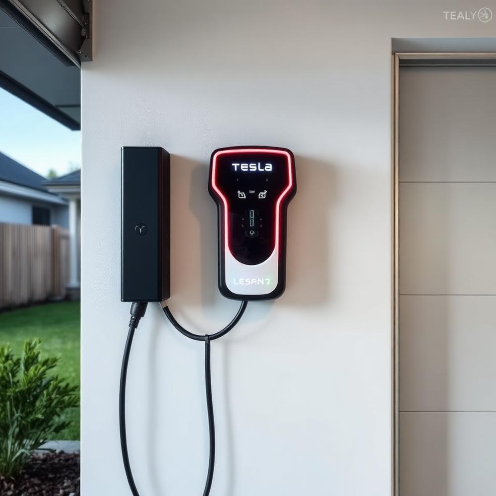 Level 2 EV charger installed on a home garage wall
